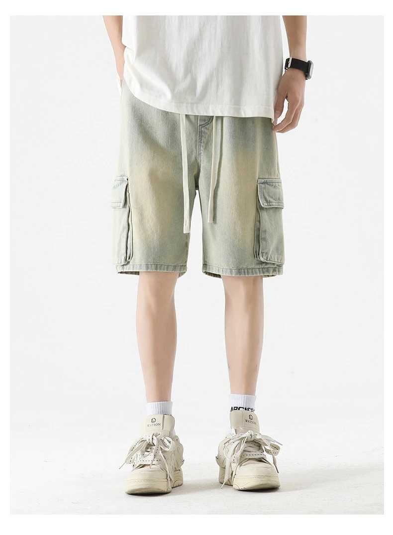 American Style Multi-Pocket Workwear Denim Shorts Mens Elasticated Drawstring Waist Loose Straight Leg Five PantsXJ241206