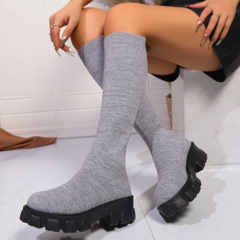 High Quality 43 thick soled knitted Lg boots suitable for Wenfei elastic socks shoes knee boots round toes low H Botas De Mujer T241206