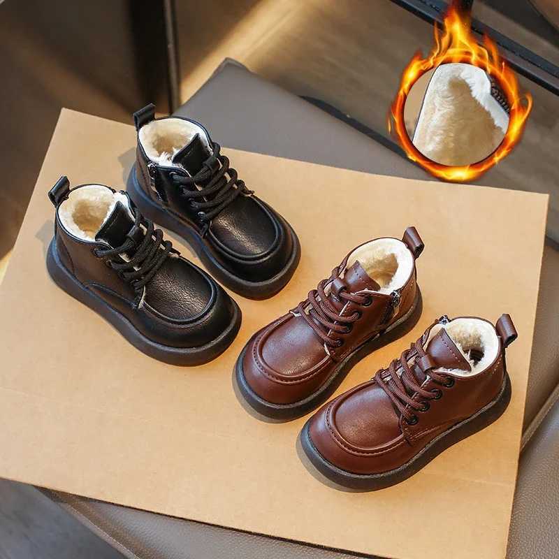 High Top Children PU Leather Boots Fluffy Lined Classic Kids Short Boots Boys Girls Winter School Shoes New Flat Footwear G11133XJ241206
