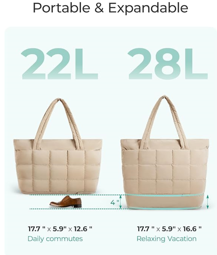 Expandable Tote Bag Puffer Small tote bag with Zipper, Travel Bags Casual Handbags Nurse Bag