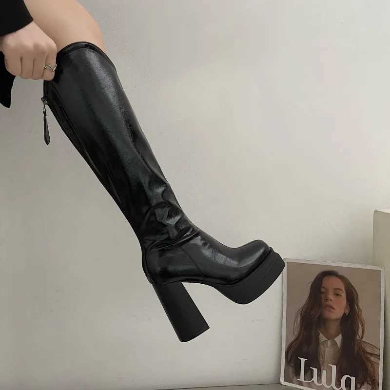 High Quality Platform Womens High Heels Elegant Knee High Heels Text Back Square Zipper Thick High Heels Fem T241206
