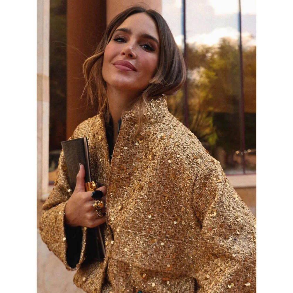 Women's Sequined Bomber Fall New Round Neck Long Sleeve Pocket Stretch Hem Sequins Jacket Coat Female Chic Outerwear