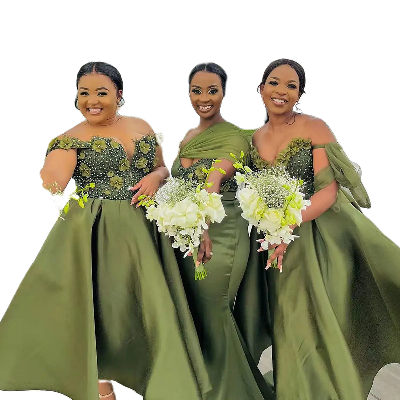3D Floral Appliques Olive Green Bridesmaid Dress Pearls Beaded Sweetheart Neckline A Line Tea Length Plus Size Wedding Party Gown 3 Styles Women Prom 