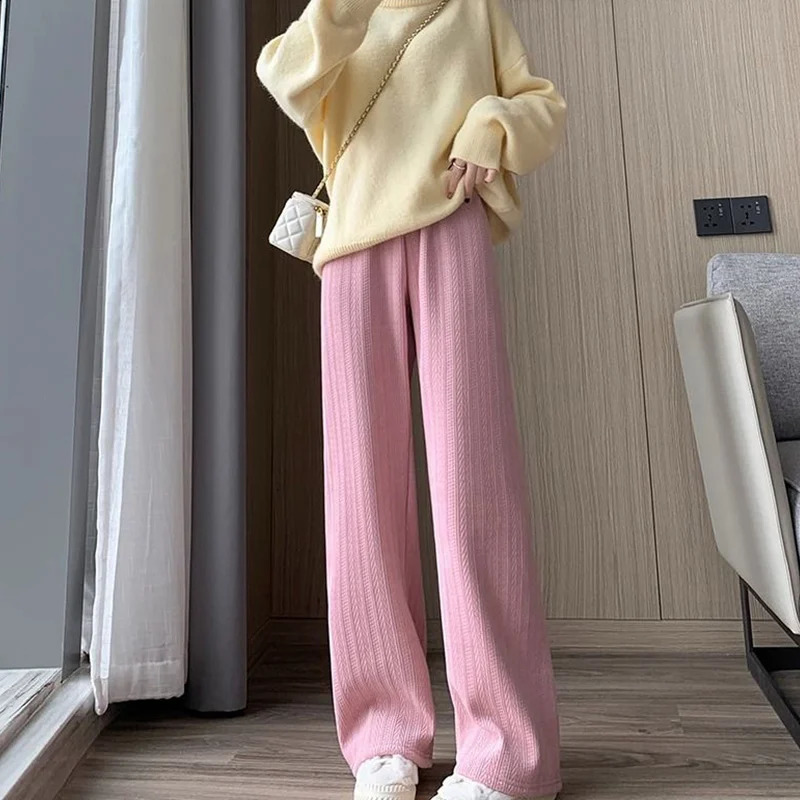 Autumn/Winter Full Match Wool Wide Leg Pants for Womens Casual Solid Color Elastic Waist Trouser Womens Clothing Thick Pants 241202