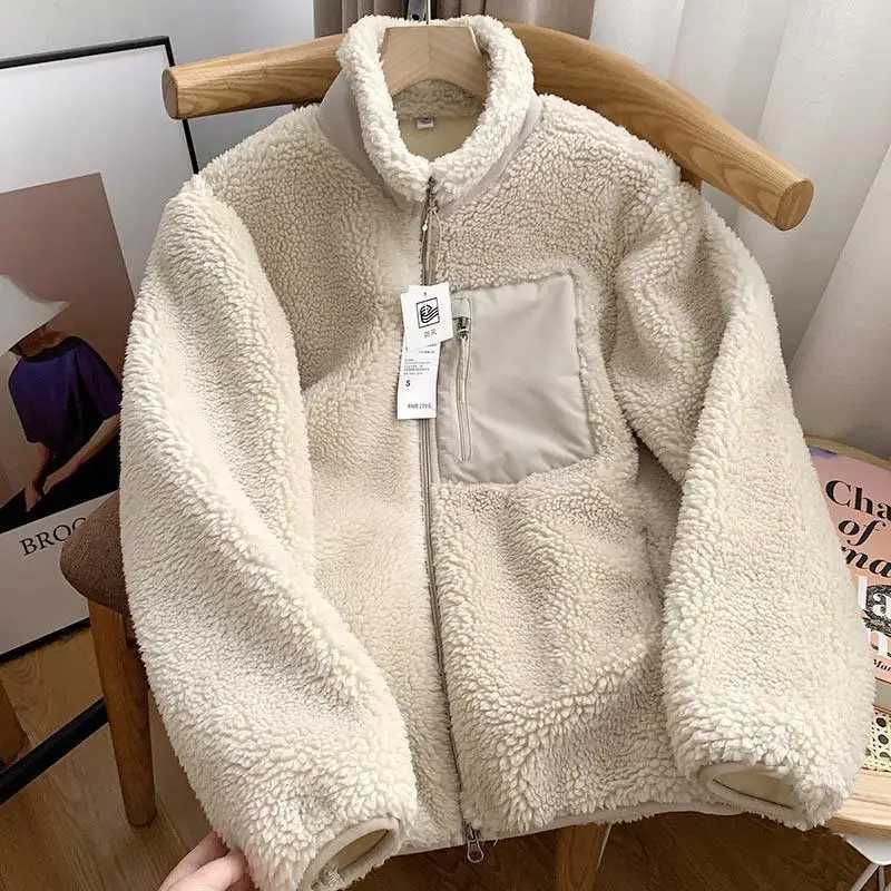 Autumn and Winter Japanese Mens and Womens Fleece Stand Neck Jacket Couple Zipper Loose Warm Lamb Wool Coat Solid Color JacketXJ241206
