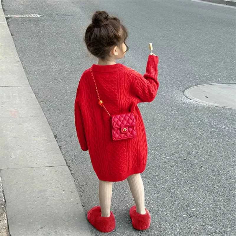 Childrens Clothing 2024 Korean Girls Versatile Dress 2024 Spring Autumn New Girls Baby Coffee Colored Sweater Long SkirtXJ241206