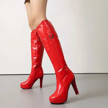 High Quality Patent PU leather white black Wens sexy knee high Lg boots platform thin high H boots large size 430000 finger boots T241206