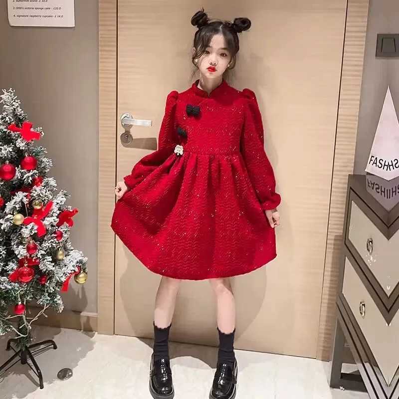 2024 autumn winter Kids Girls solid retro red Cheongsam Qipao Princess Teens New Year Dresses wool velvet Clothes 8 10 12 yearXJ241206