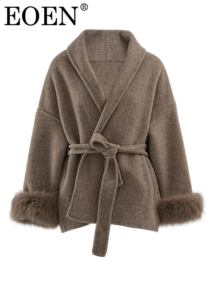 EOEN Womens Long Collar Double sided Autumn/Winter Project Solid Color Simple Detachable Cuffs Fox Fur Coat 241205