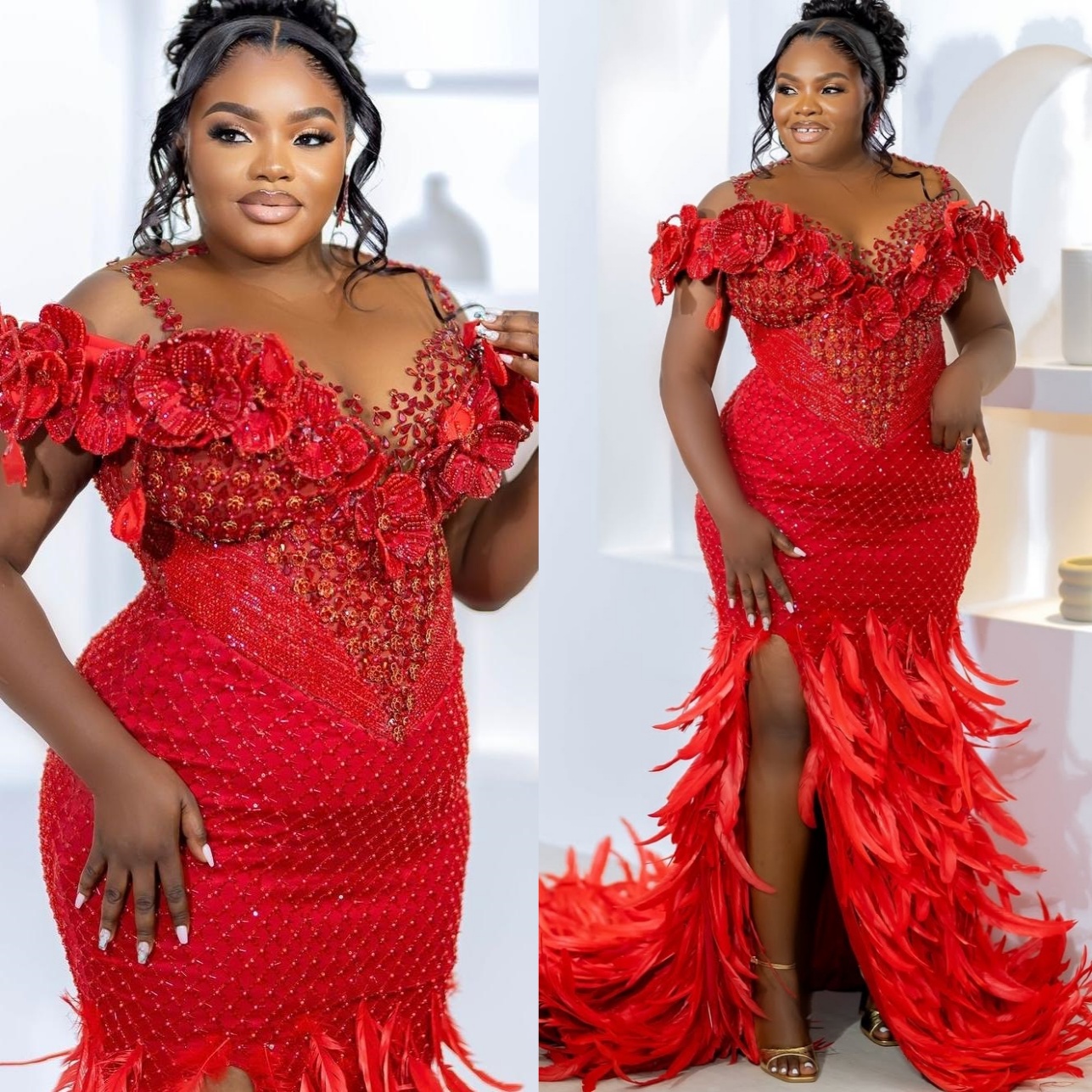 Red Mermaid Prom Dresses 2025 Feather Rhinestones Beaded Lace Evening Formal Party Second Birthday Engagement Gowns Plus Size Dress For Special Occasi