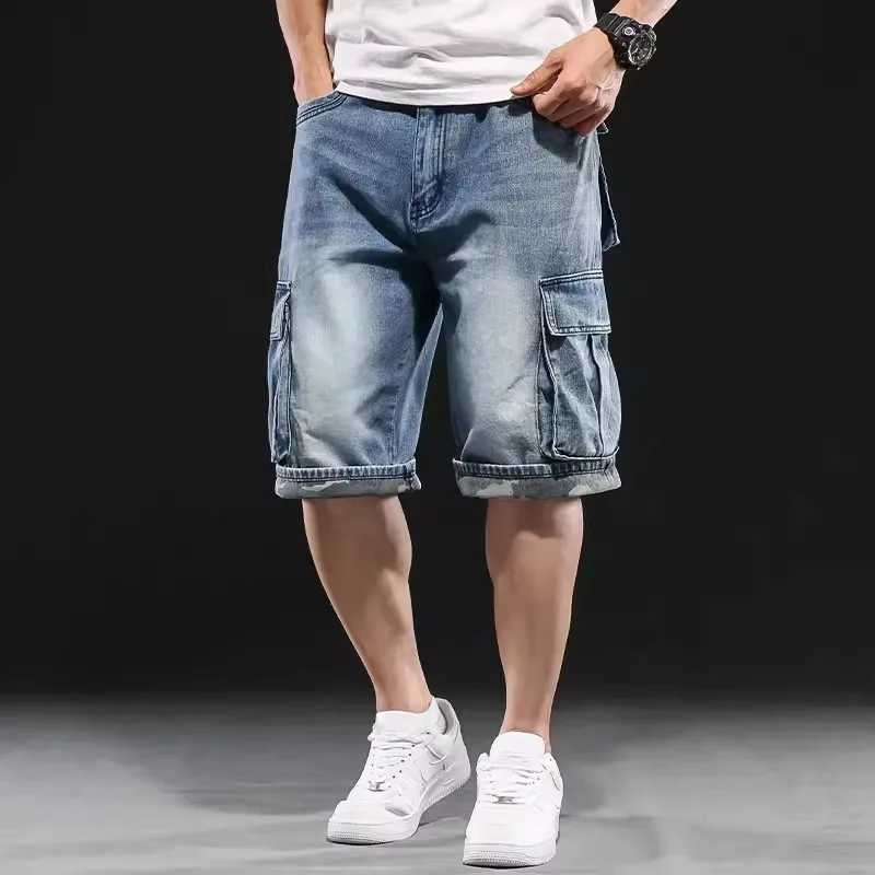 Multi Pocket Work Cargo Capri Denim Shorts Mens Wide Legs Loose Jeans Shorts Fat Plus Size42 44 46XJ241206