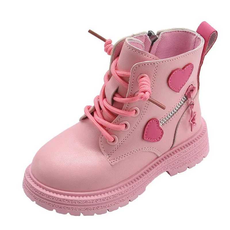 New Girls Boots Kids Fashion Rubber Boots Cool Girls 2024 Autumn Winter Cotton Soft Sole Pink with Love Side Zip Princess ShoesXJ241206