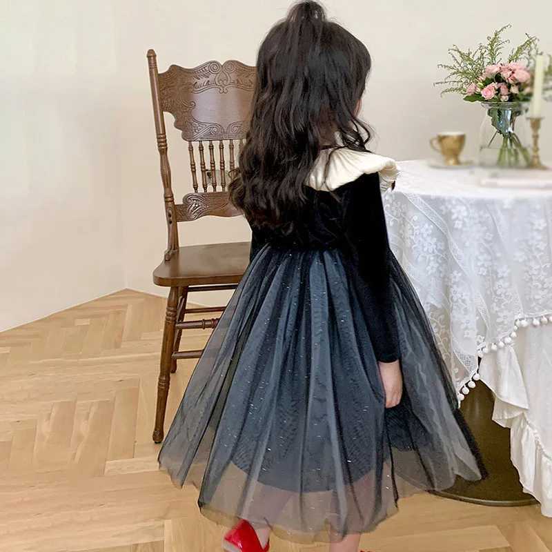 1-7T Spring Autumn Girl Long Sleeve Casual Dress Korean Sle Velvet Splicing Doll Collar Kids Princess Mesh Par DressesXJ241206
