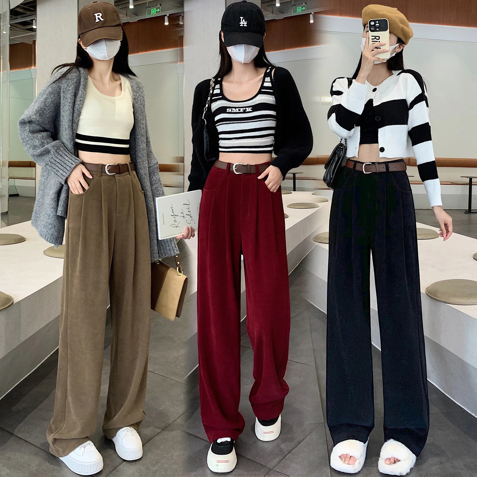Womens Winter Womens Velvet Pants Wide Legs High Waist Floor Length Inner Wool Pants Womens Straight Pants 241202