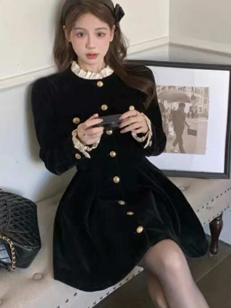 Korean Black Velvet Womens Single Chest Long Sleeve Party Evening Dress Autumn Y2K Fashion A-line Vestido Mujer 241206