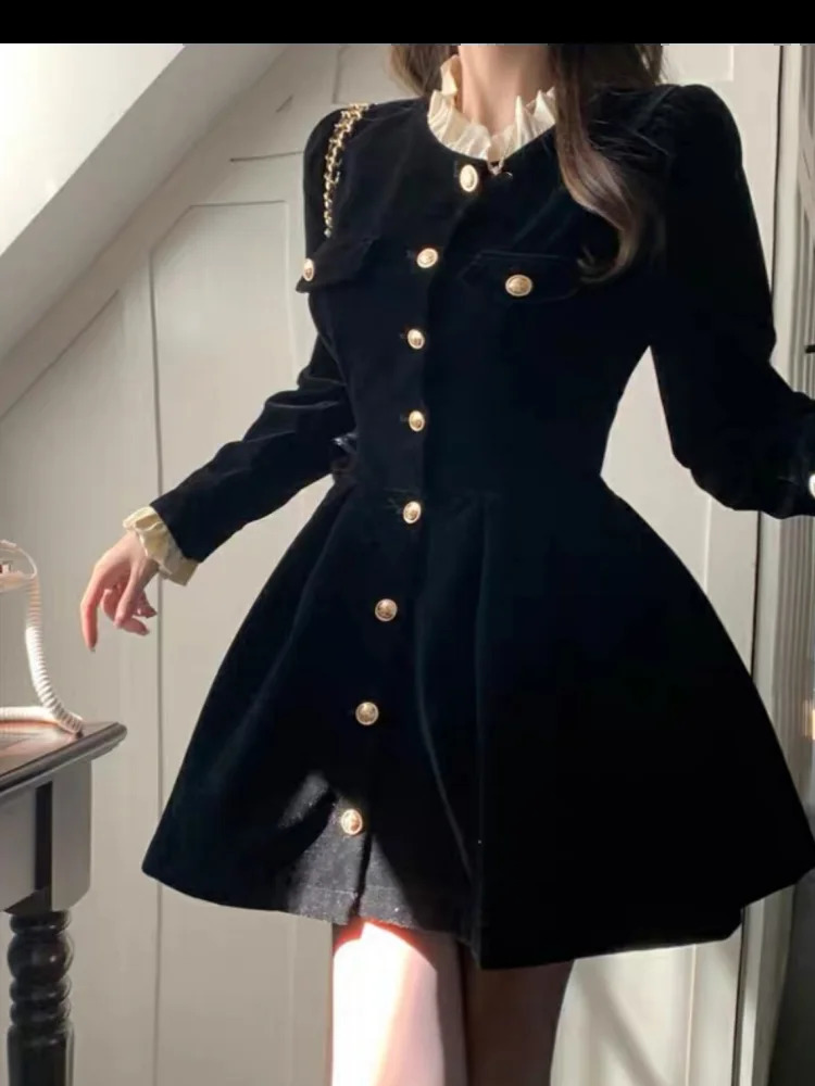 Korean Black Velvet Womens Single Chest Long Sleeve Party Evening Dress Autumn Y2K Fashion A-line Vestido Mujer 241206