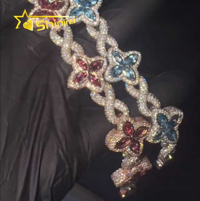 Hot Sale Popular Shining Hip Hop 925 Silver Pink Blue Marquise Infinity Cuban Link Moissanite Bracelet