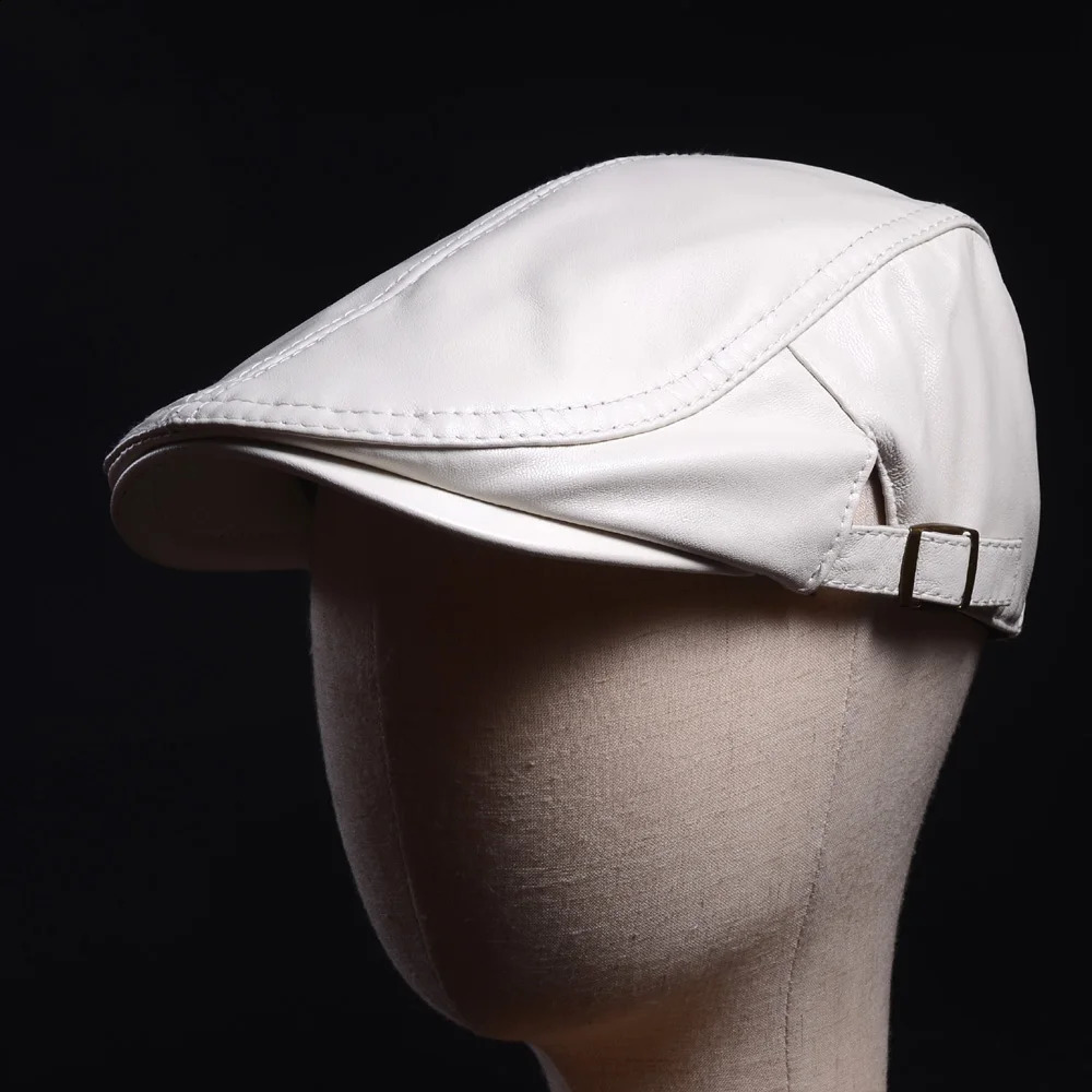Leather Peaked Cap Mens Spring Single White/Red Thin Boina Unisex Casual True Soft Sheepskin Hat Mens Fashion Beret 241204