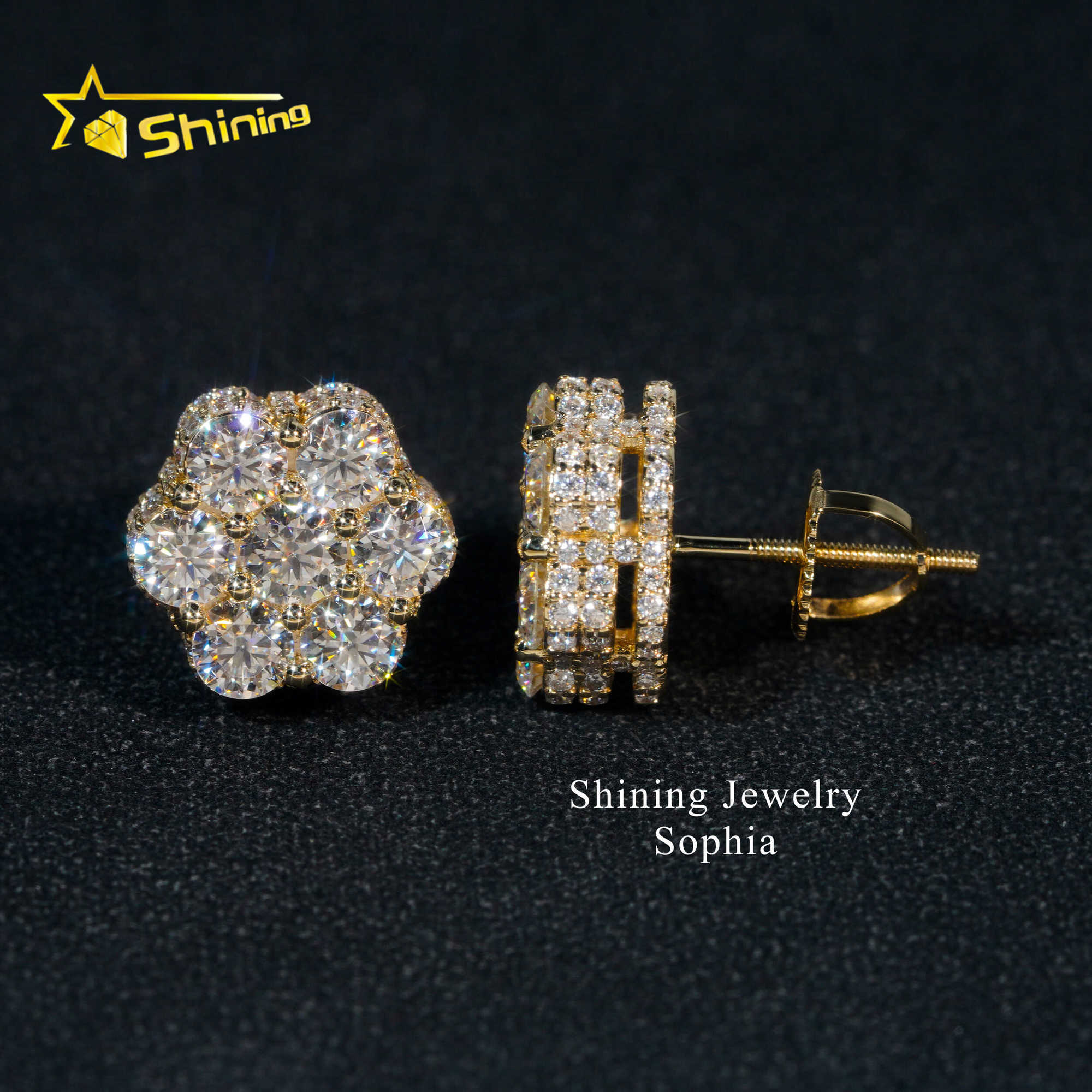 Top sell flower design 10K solid yellow gold iced out luxury vvs moissanite stud earrings hip hop earring