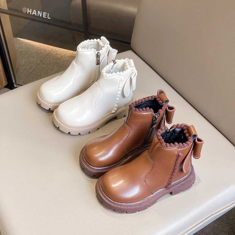 2024 Children Leather Plush Boots for Girls Winter New Fashion Korean Sle Soft Bottom Anti-slippery Versatile Chic Zip ShoesXJ241206