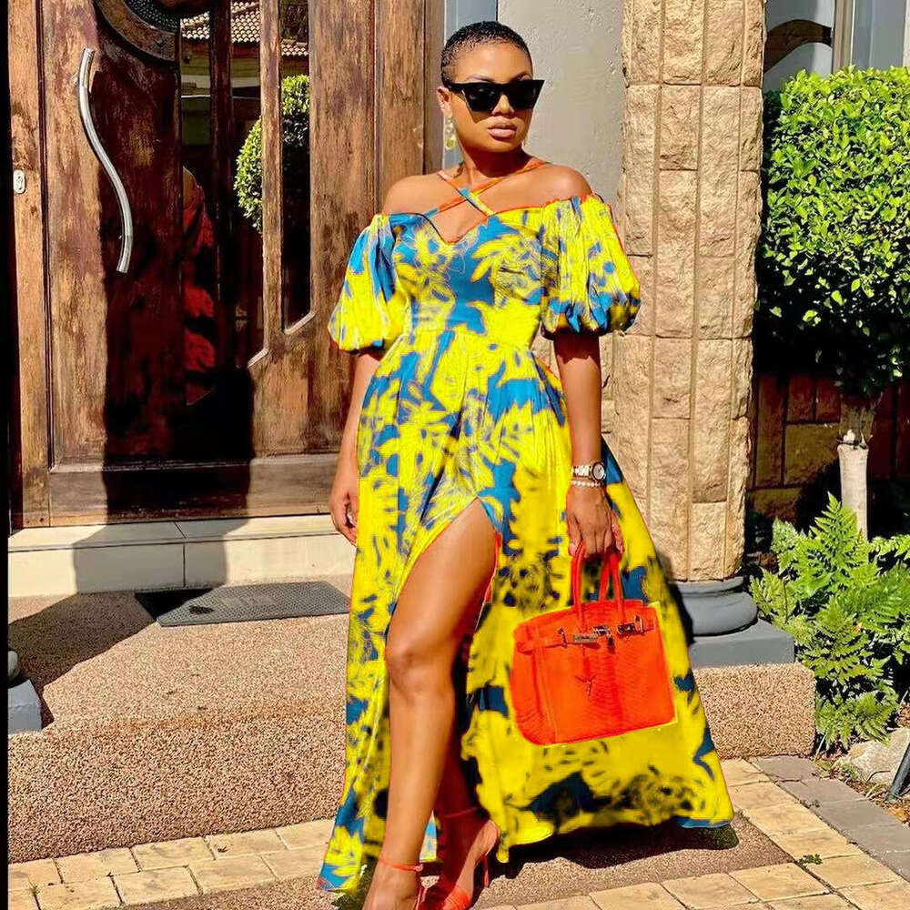 spring/summer European and American women's dress with printed slit, strapless, hanging neck, V-neck long skirt, 2024 versatile temperament, new 