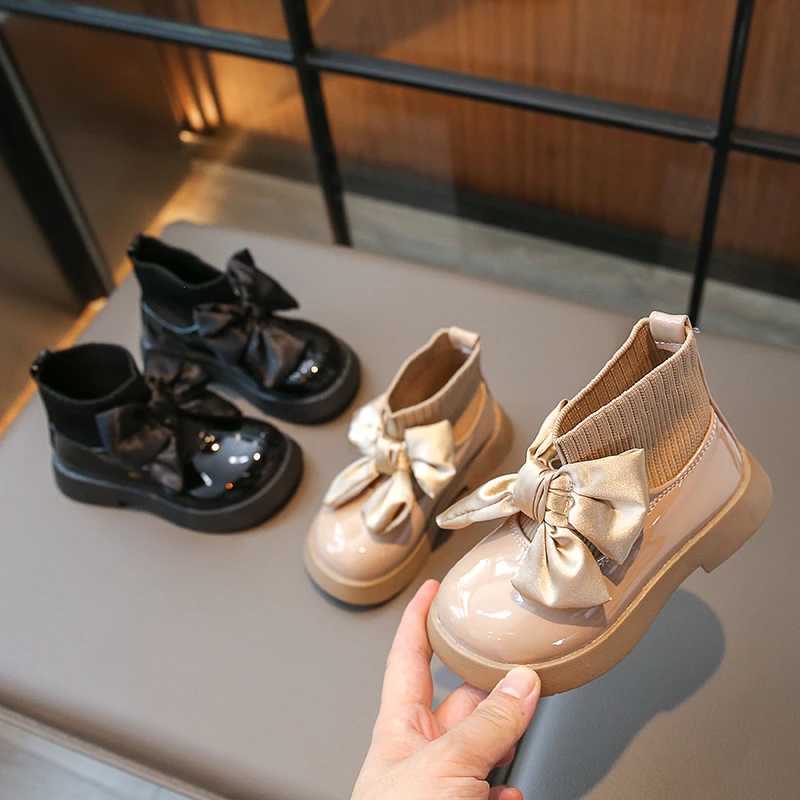 Girls Sock Boots Kids Ankle Boots Non-slip Fashion Bow Elegant Glossy UK Uniform Child School Shoes Casual Boots PrincessXJ241206