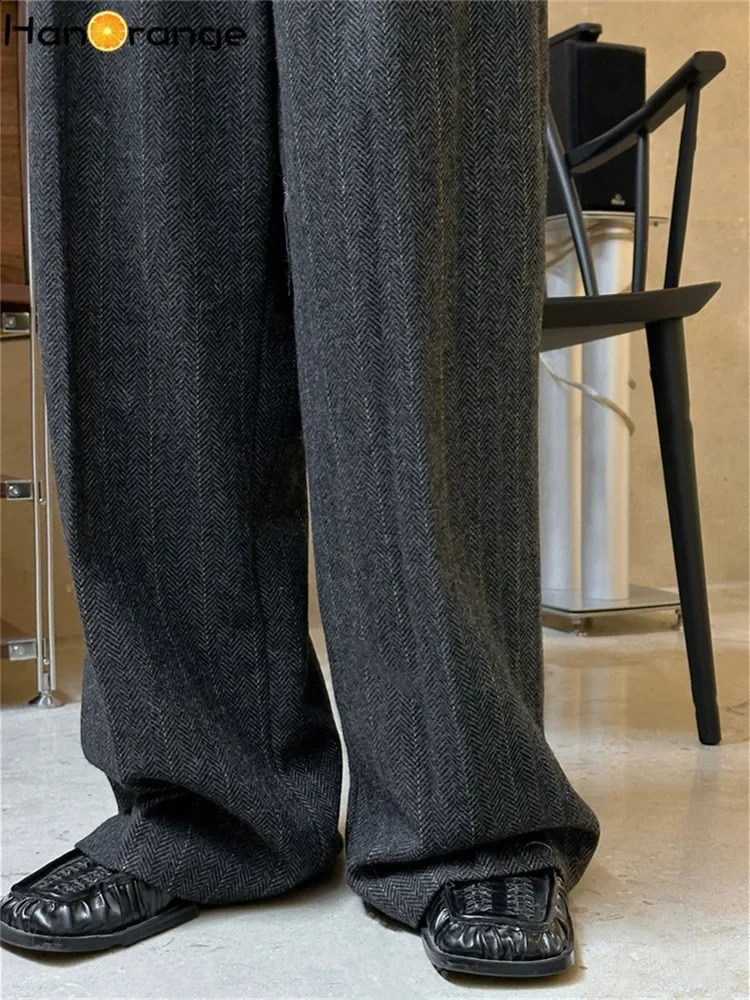 HanOrange Winter Fashion Modern Wide Leg Woolen Pants for Women Loose Warm and Comfortable Trouser Womens Black Grey/Coffee 241202