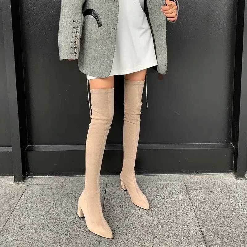 High Quality Knee high boots high dot high H snow boots trend winter suede sexy short and chubby pump Zapatos MUJI T241206