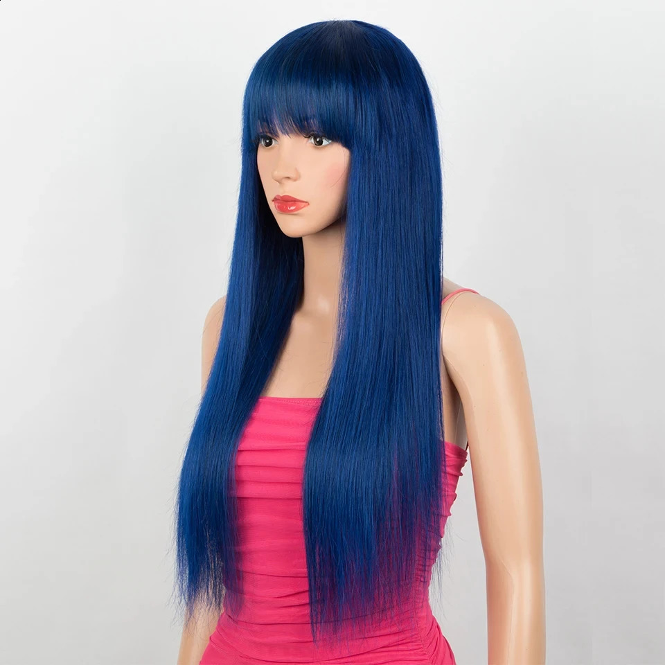 Blue straight wig with bangs Brazilian Remy natural straight wig female royal blue straight wig cosplay wig 241206
