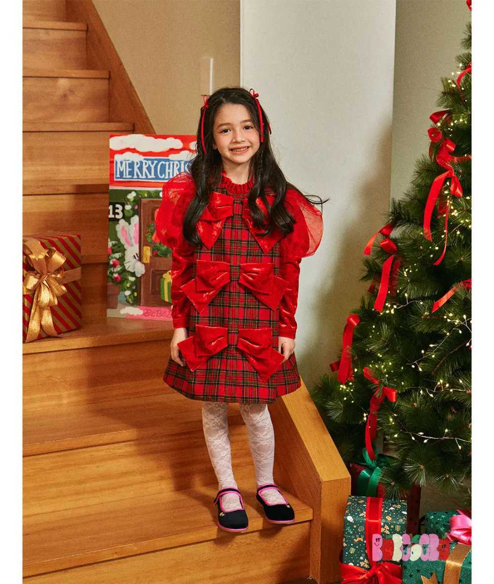 Christmas New Year dress! BE childrens New Year dress Autumn and winter girls Korean version red plaid thickened dress ChildrenXJ241206