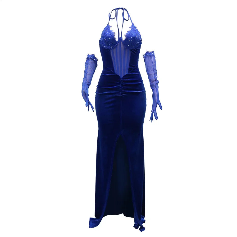 ANJAMANOR Crystal Mesh Velvet Splicing Long Dress Elegant Womens Winter Evening Dress Party Birthday Dinner Dress D42-HA55 241206