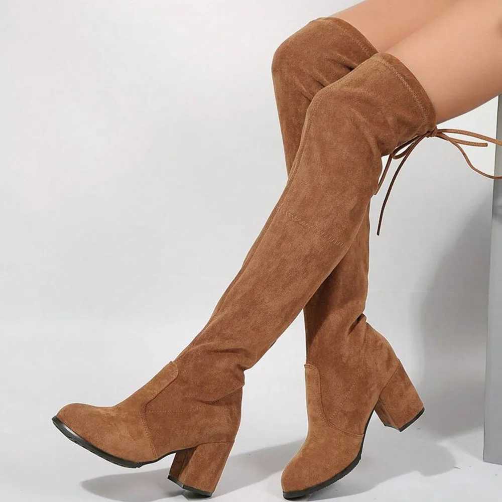 High Quality Large size 43 sexy warm tight knee boots classic 7cm block high elastic long boots party shoes T241206