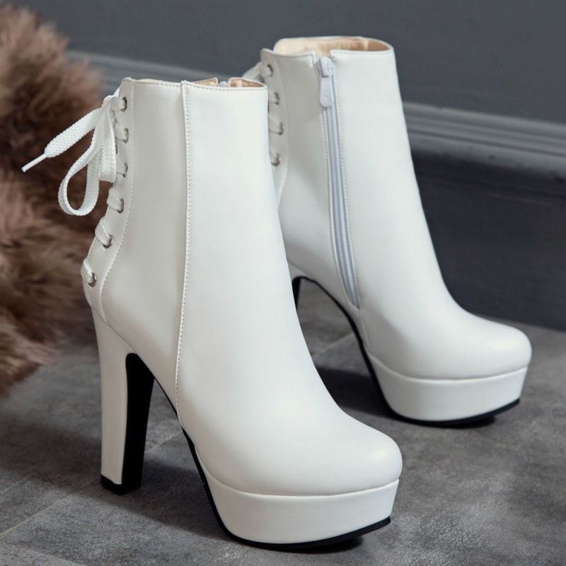 Fashion Ankle Boots For Women 2024 Lace Up Winter Short Boot Platform High Heel White Yellow Black Party Shoes Lady Large Size