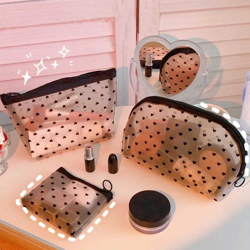 1PC Heart Women Men Necessary Cosmetic Bag Transparent Travel Organizer Fi Small Large Mesh Toiletry Bags Makeup PouchXJ241206