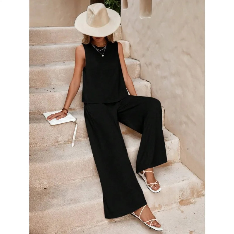 2 Piece Set Summer Womens Sleeveless Ruffle Tank Top and High Waist Wide Leg Pants Casual Loose Solid Color 241205
