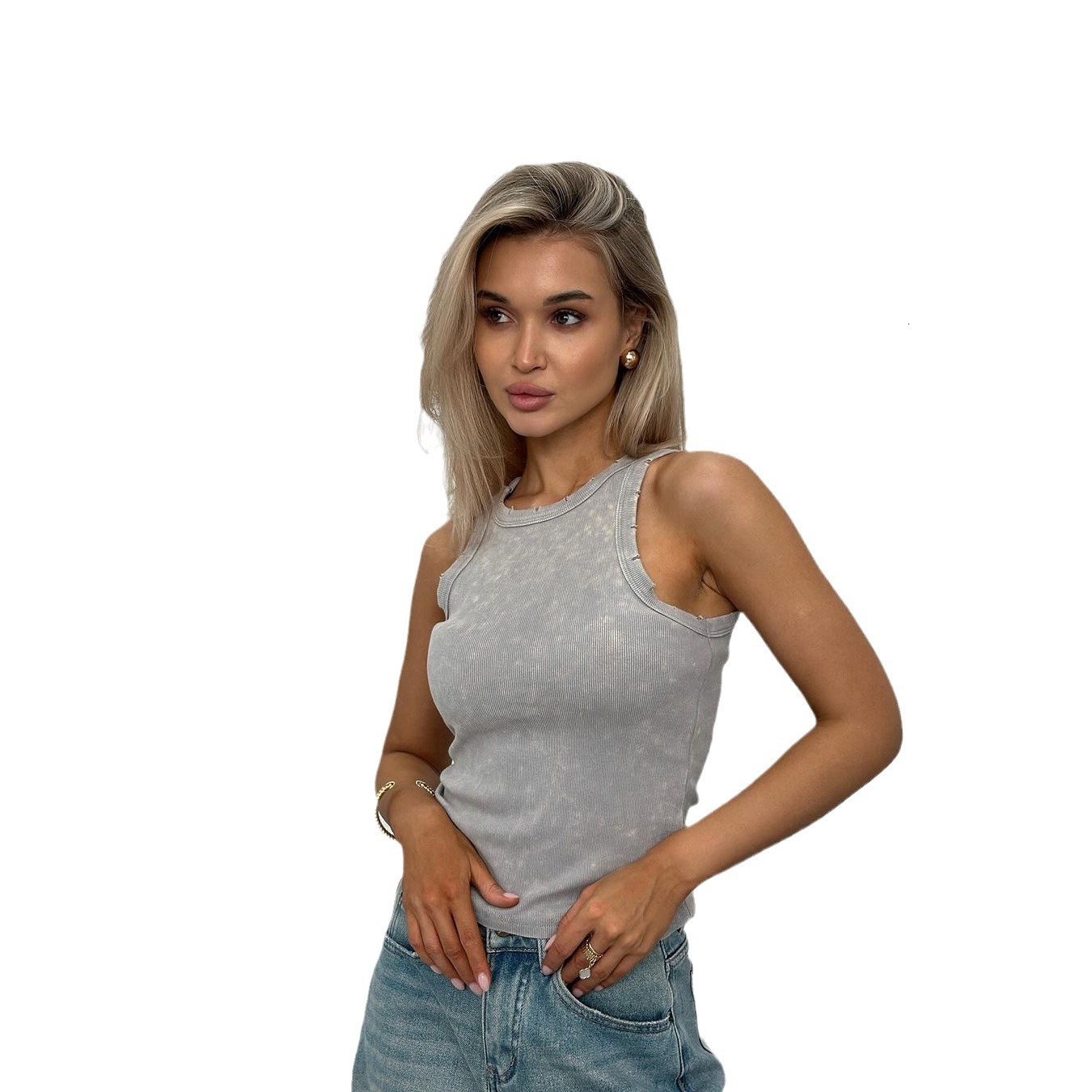 european and american 2024 summer new off shoulder waist slimming look washed and worn candy colored ribbed camisole vest top for women