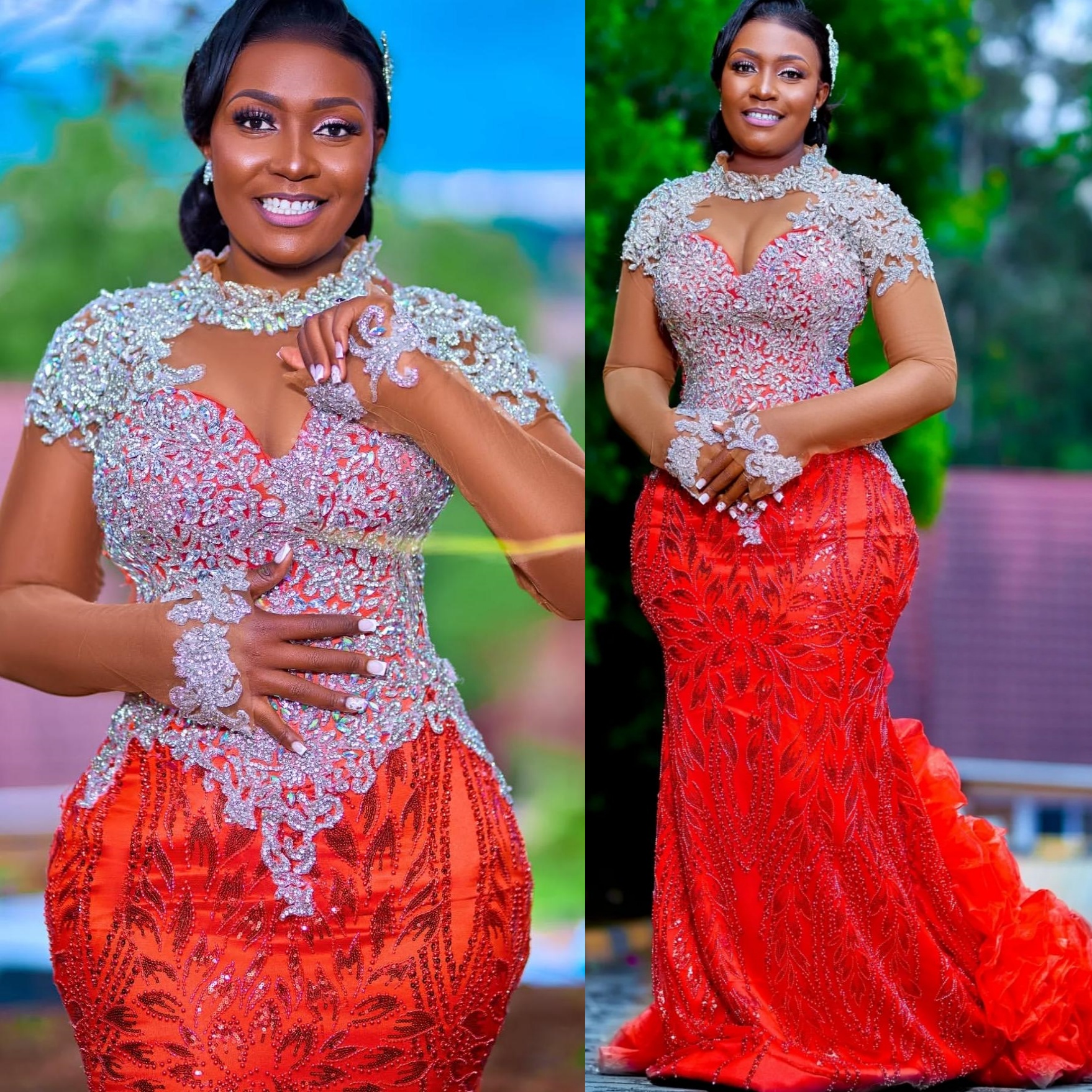Red Mermaid Prom Dresses 2025 Lace Rhinestones Full Sleeves Luxurious Evening Formal Party Second Birthday Engagement Gowns Plus Size Dress For Specia