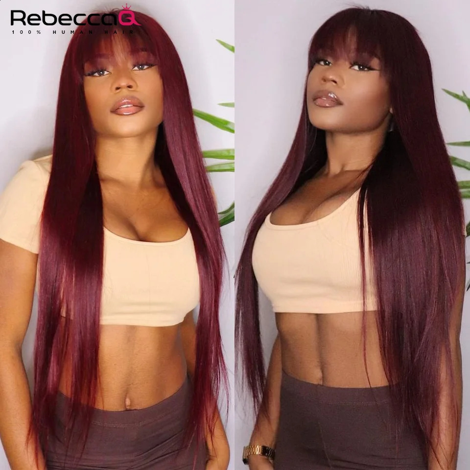 Wear a 99J wig Burg red boned straight hair wig with bangs suitable for Brazilian women Remy hair colorful Halloween cosplay wig 241206
