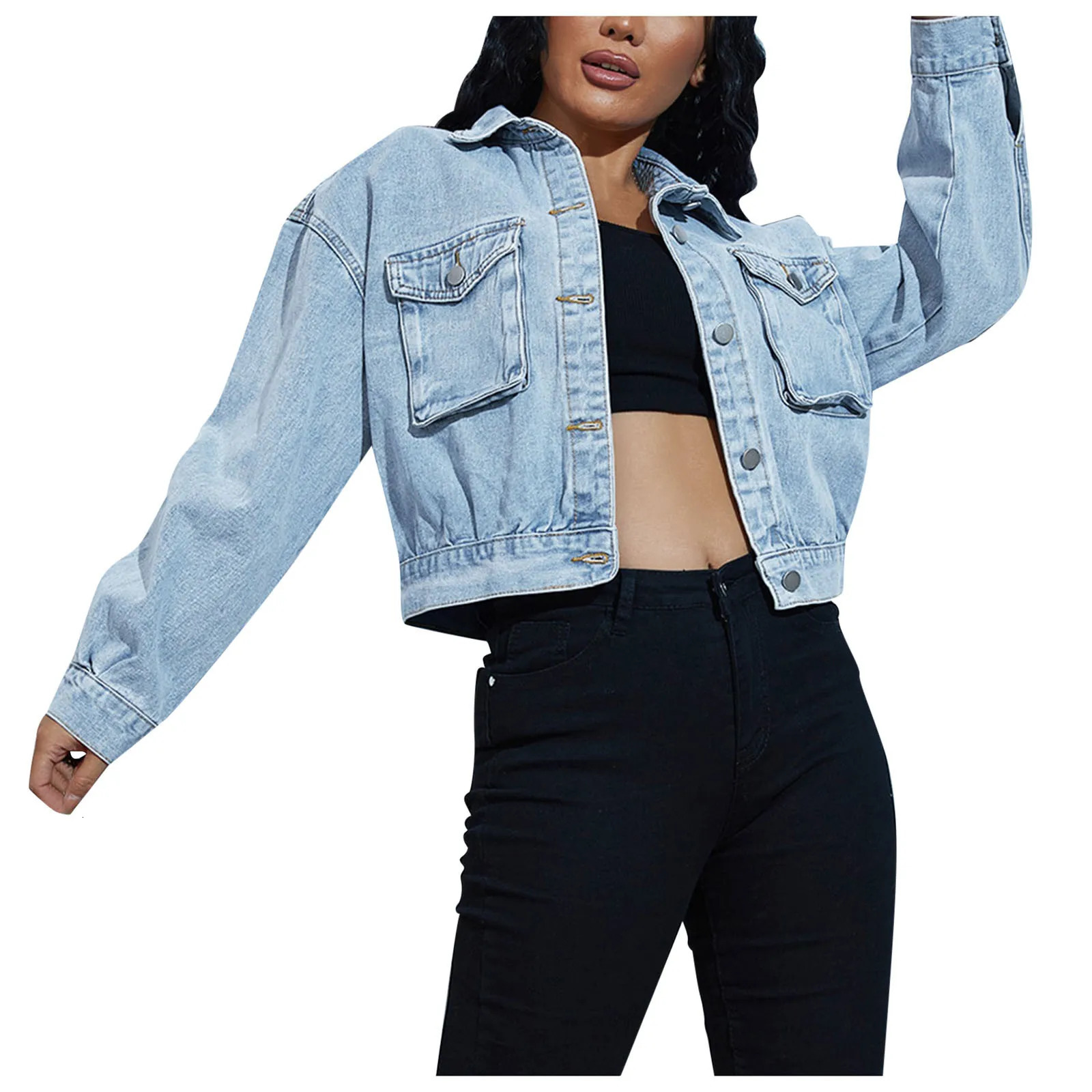 Womens short denim jacket long sleeved single chest shoulder pocket womens clothing crop top 241206