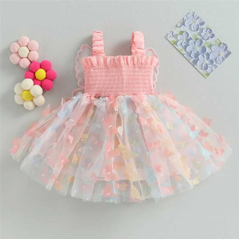 Summer Girls New Dress Sweet Sling Waist Wrapped Colorful Butterfly Mesh Back Big Wings Princess DressXJ241206