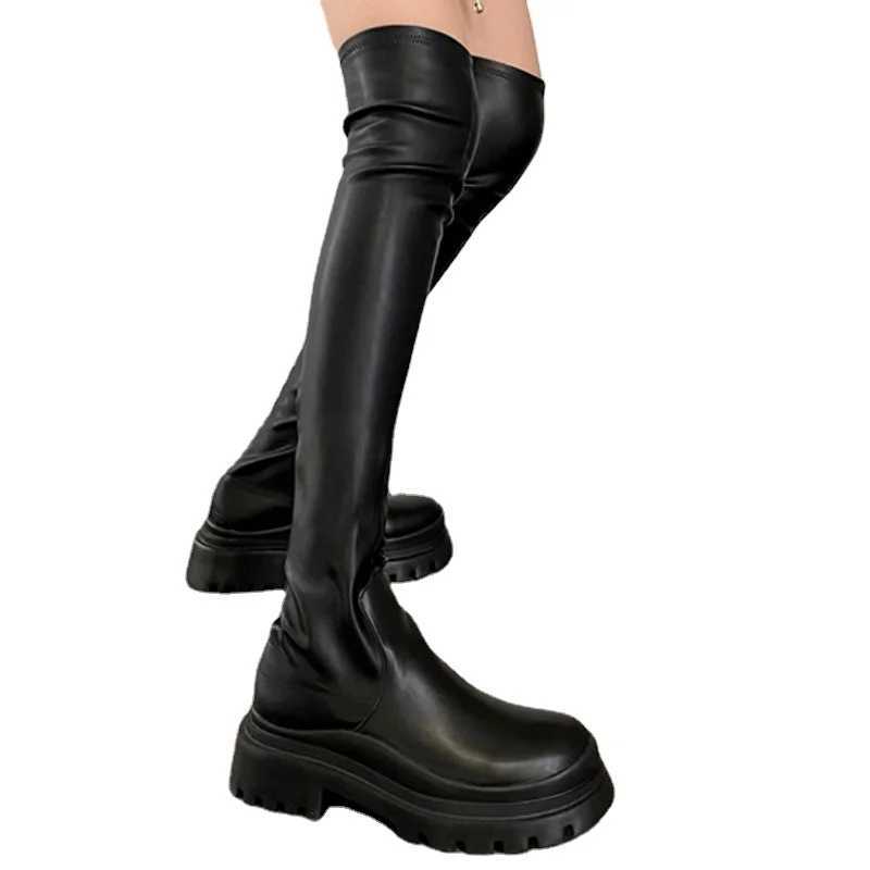 High Quality Wans Over the Knee leather zipper thin elastic flat Botted Lg high tube elastic platform boots T241206