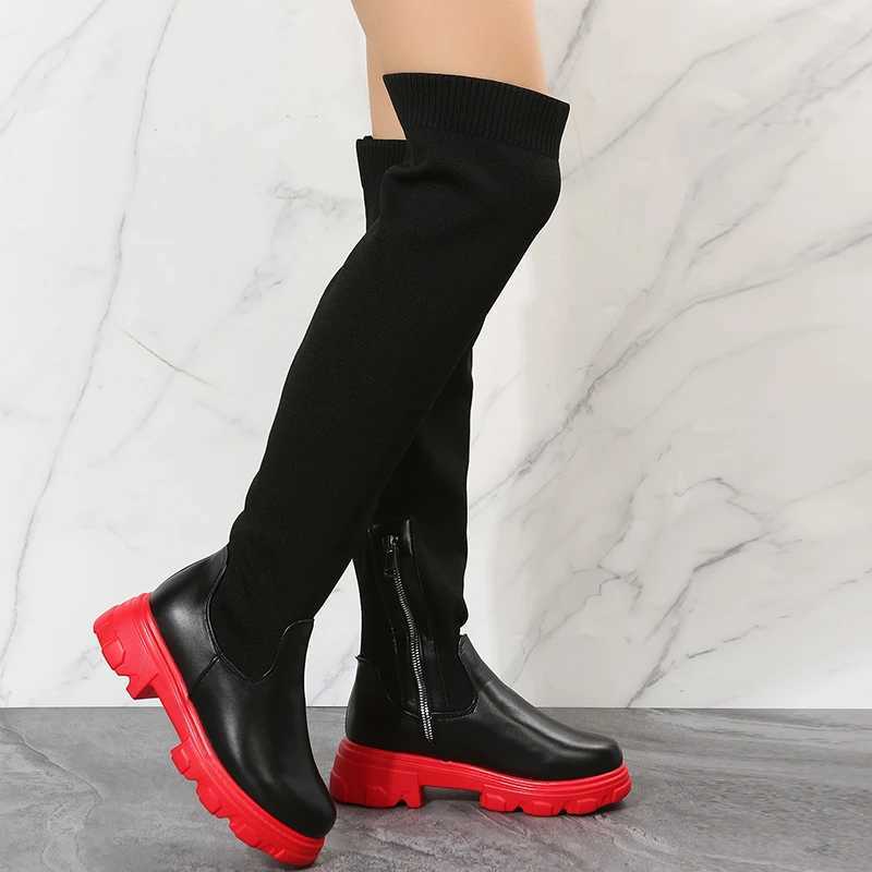 High Quality Warm boots black round toe high Lg boots autumn winter zipper knee party shoes Plus size 43 T241206