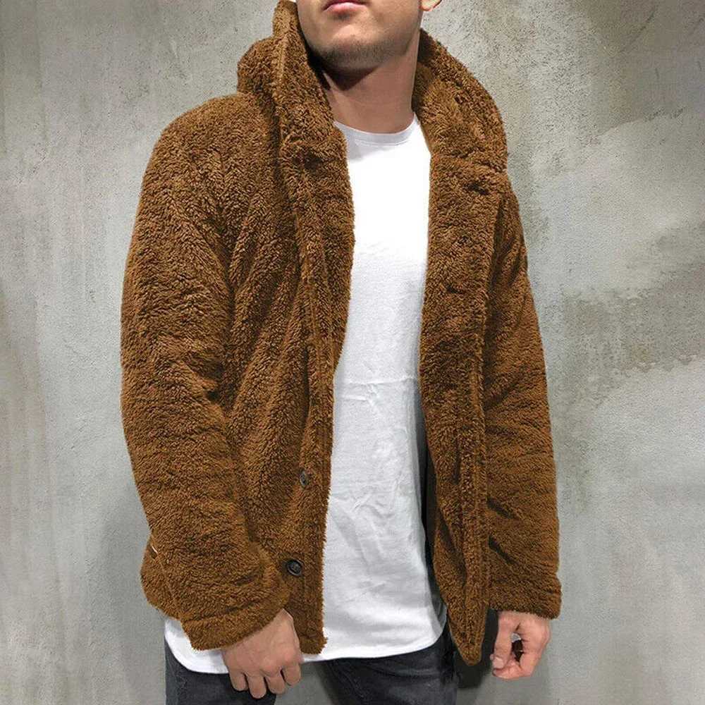 Autumn Winter Mens Plush Hooded Coat Solid Color Long Sleeve Single-breasted Warm Cardigan Coat Fashion Trend Mens WearXJ241206