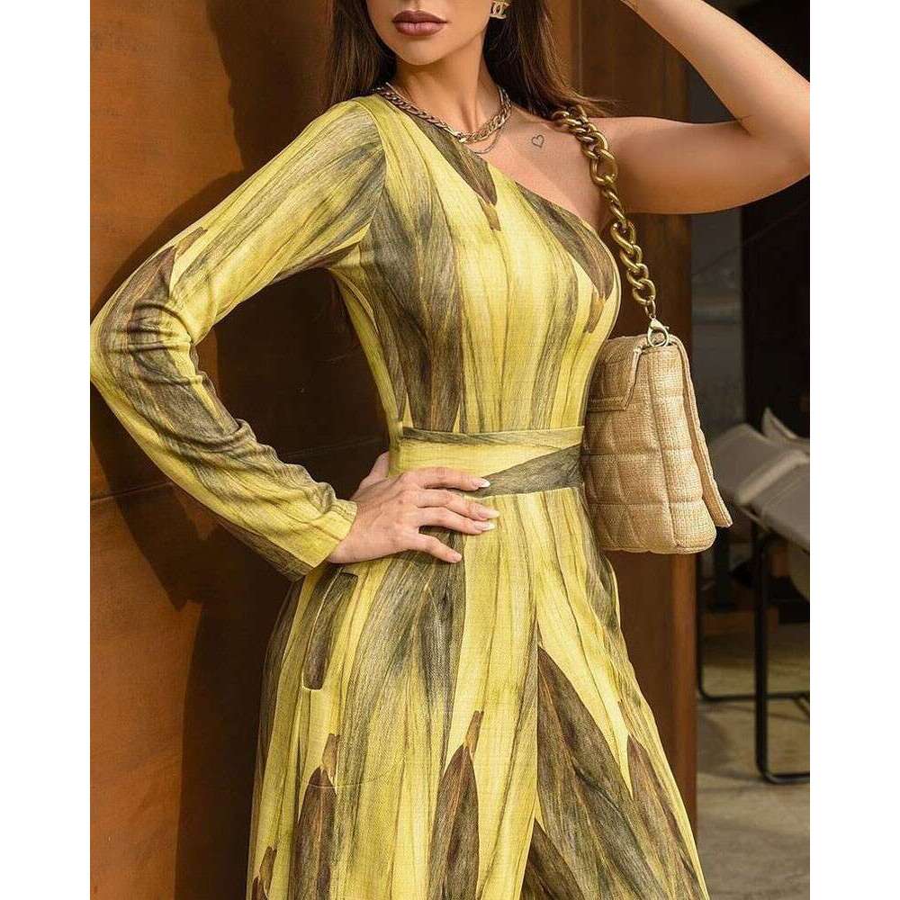 Spring/Summer Yellow Mid Waist Small Fragrant French Long Dress, Retro V-neck jumpsuit, Stylish Commuter Style 2024 New Casual Versatile Fashion Cloth