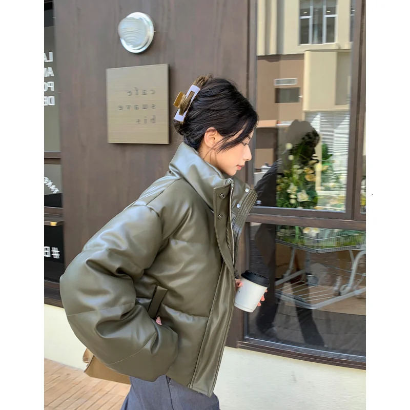 Womens down jacket brown winter Korean fashion Y2K style stand up collar black warm womens jacket cotton jacket 241202