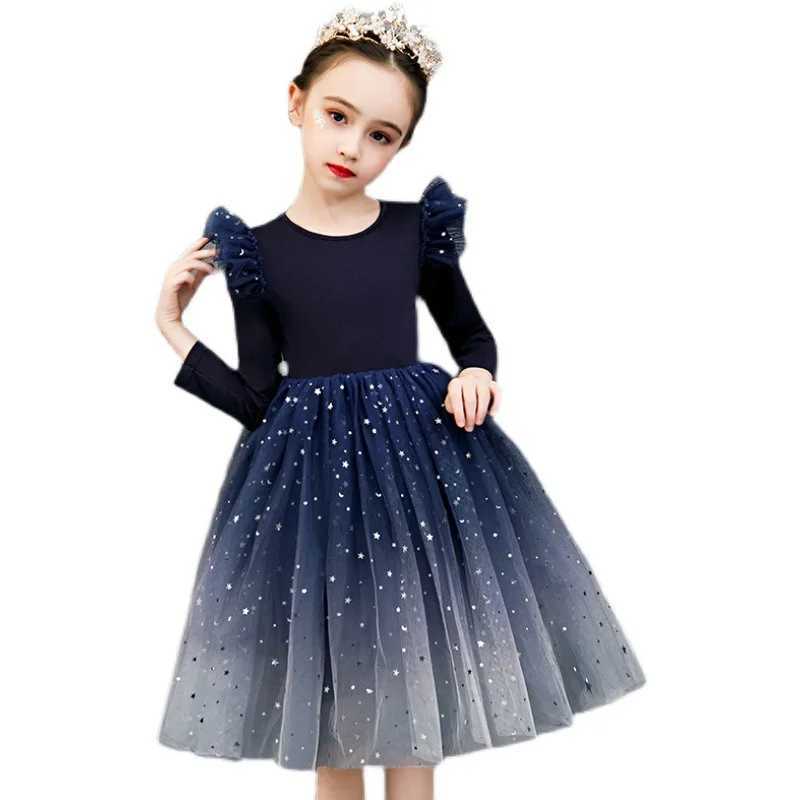 New Blue Princess Dress Baby Girls Dress Spring Autumn Kids Clothes Dress Par Long-sleeved For Children Dress Rainbow 3-10TXJ241206