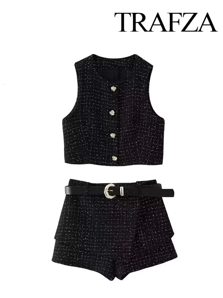 TRAFZA Womens Belt Short Sleeve Set 2piece 2024 Coarse Felt Vest Coat Casual 241206