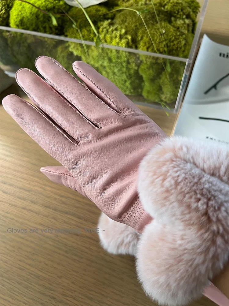 ZDFURS * Genuine Leather Gloves for Womens Winter Wool Lining Thickened Warm Soft Rex Rabbit Skin Sheepskin Gloves Windproof 241206