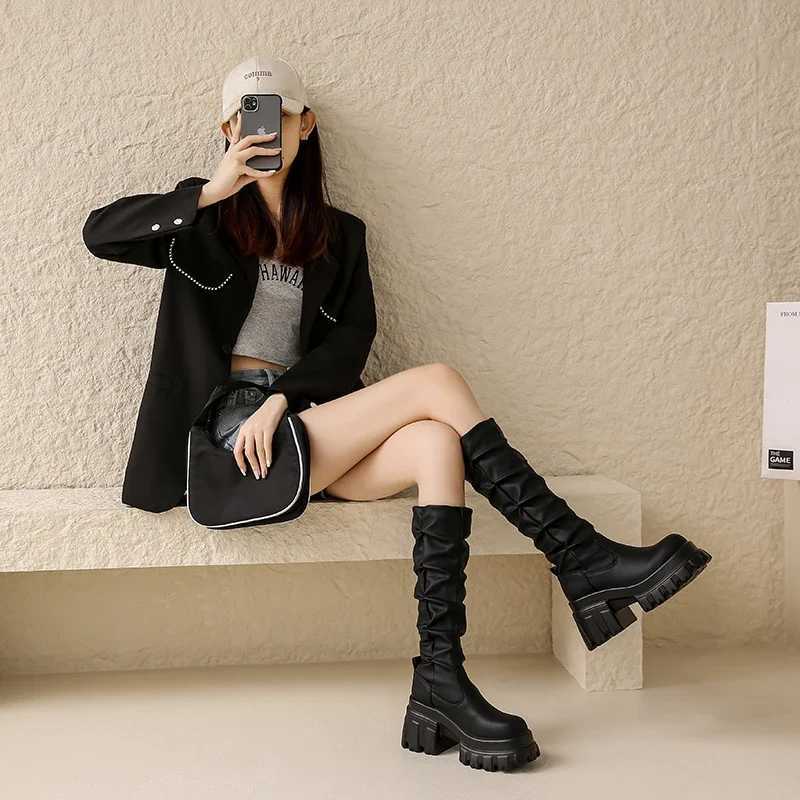 High Quality Warm motorcycle Lg boots autumn and winter warm knee high boots leather boots womens thick soled platform Botas MUJI high H T241206