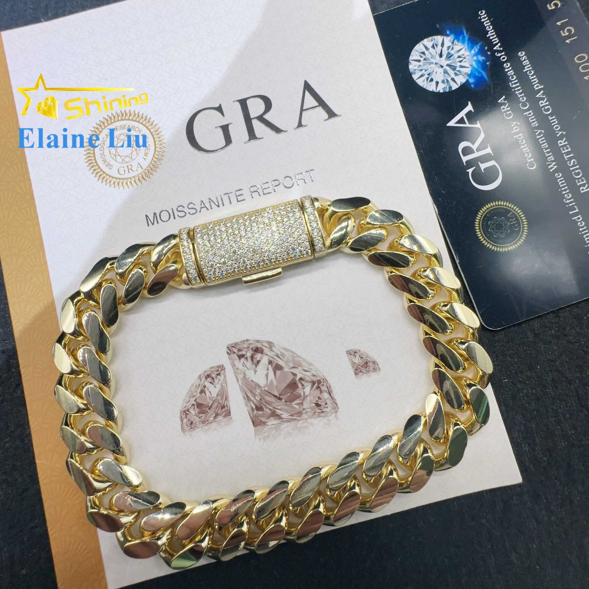 Fashion Sterling Silver 925 VVS Moissanite Lab Diamond Clasp Hip Hop Jewelry 14K Real Gold Plated Cuban Link Chain Bracelet